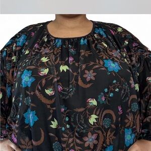 Free People Black Blouse with Blue and Brown Floral Design